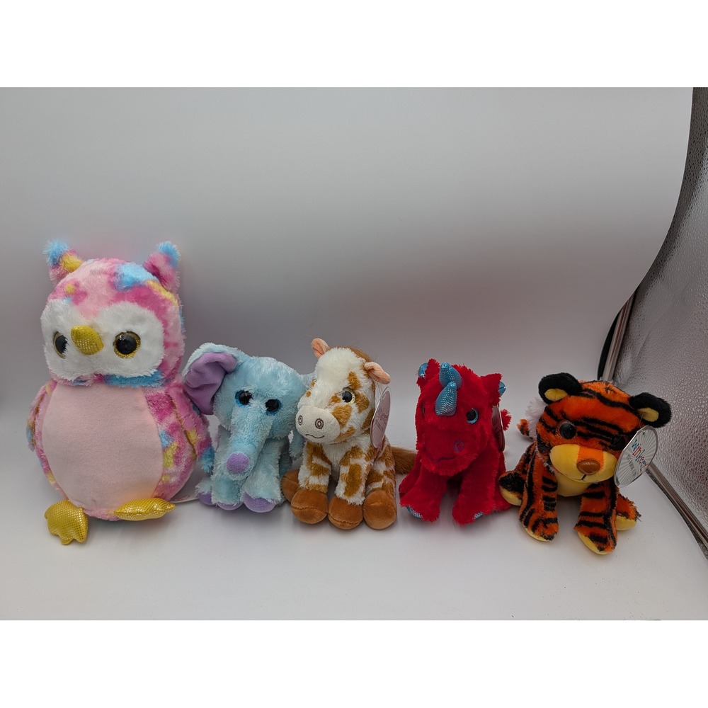 Winkeez Plush Toy Lot Owl Elephant Giraffe Dragon Tiger Big Glitter Eyes